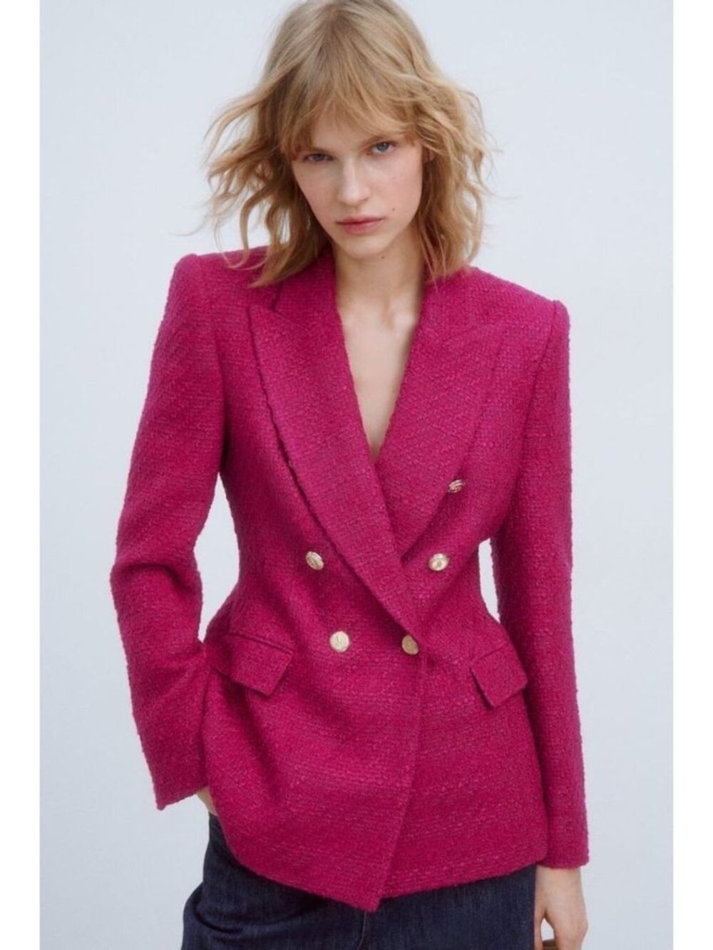 Zara Womens Tailored Blazer Sz M Magenta Pink Tweed Double Breasted 7553/457 NWT